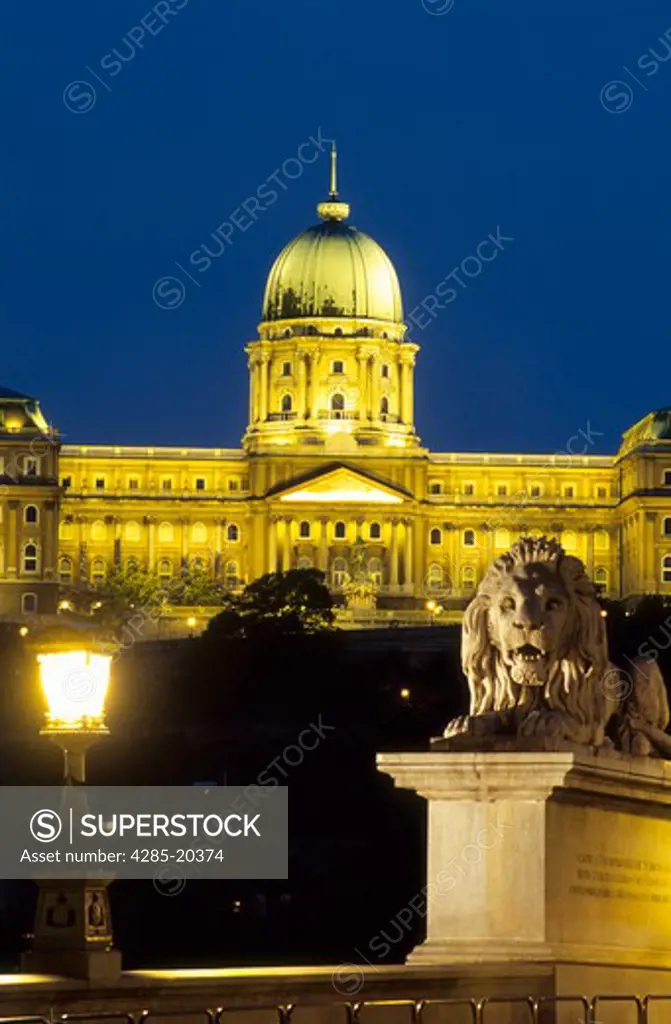 Hungary, Budapest, Royal Castle,  Chain Bridge Lion