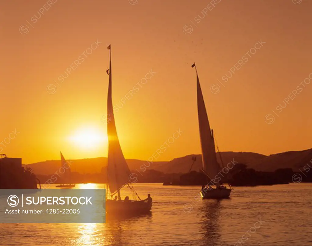 Egypt, Aswan, Nile River, Feluccas, Sunset