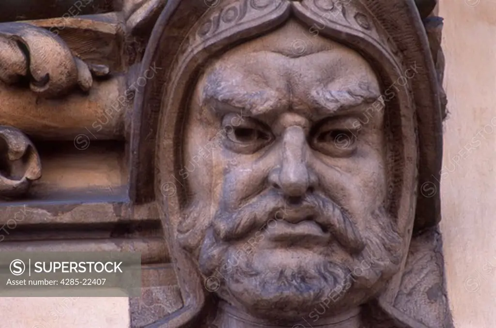 Man's Face, Stone Sculpture, Sukiennice, Cloth Hall, Old Town, Market Square, Krakow, Poland