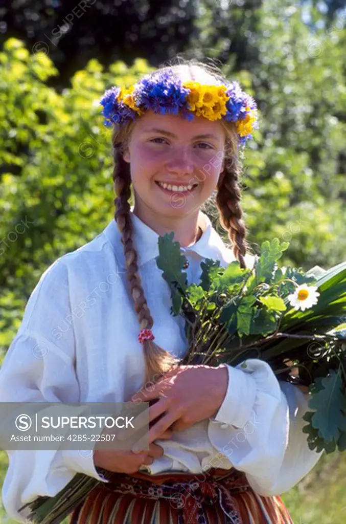 Latvian Girl in Traditional Folk Costumes, National Festival Parade, Riga, Latvia