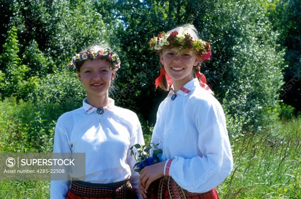 Latvian Girls in Traditional Folk Costumes, National Festival Parade, Riga, Latvia Model Release52-04, 05
