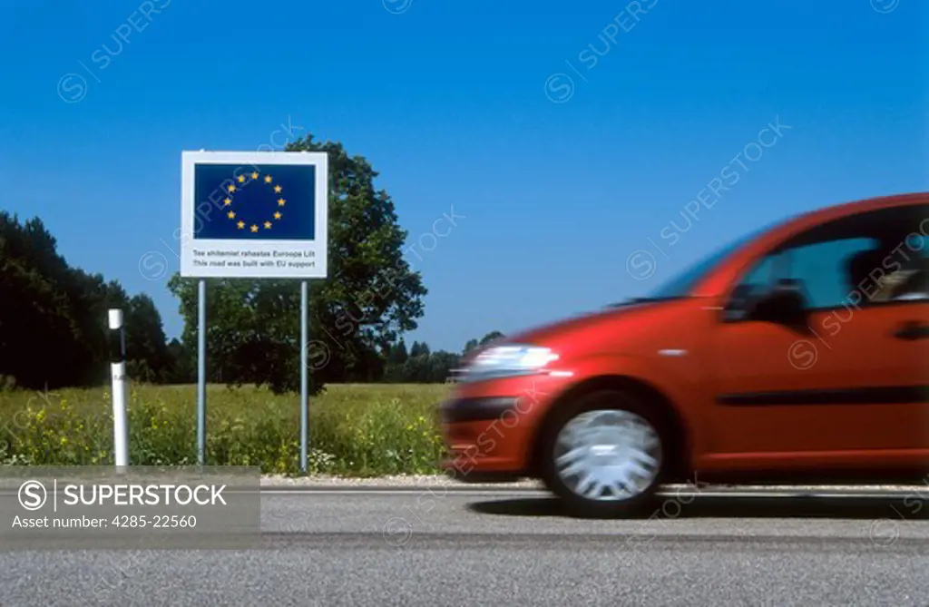 Highway Sign, Road built with EU Support, Estonia