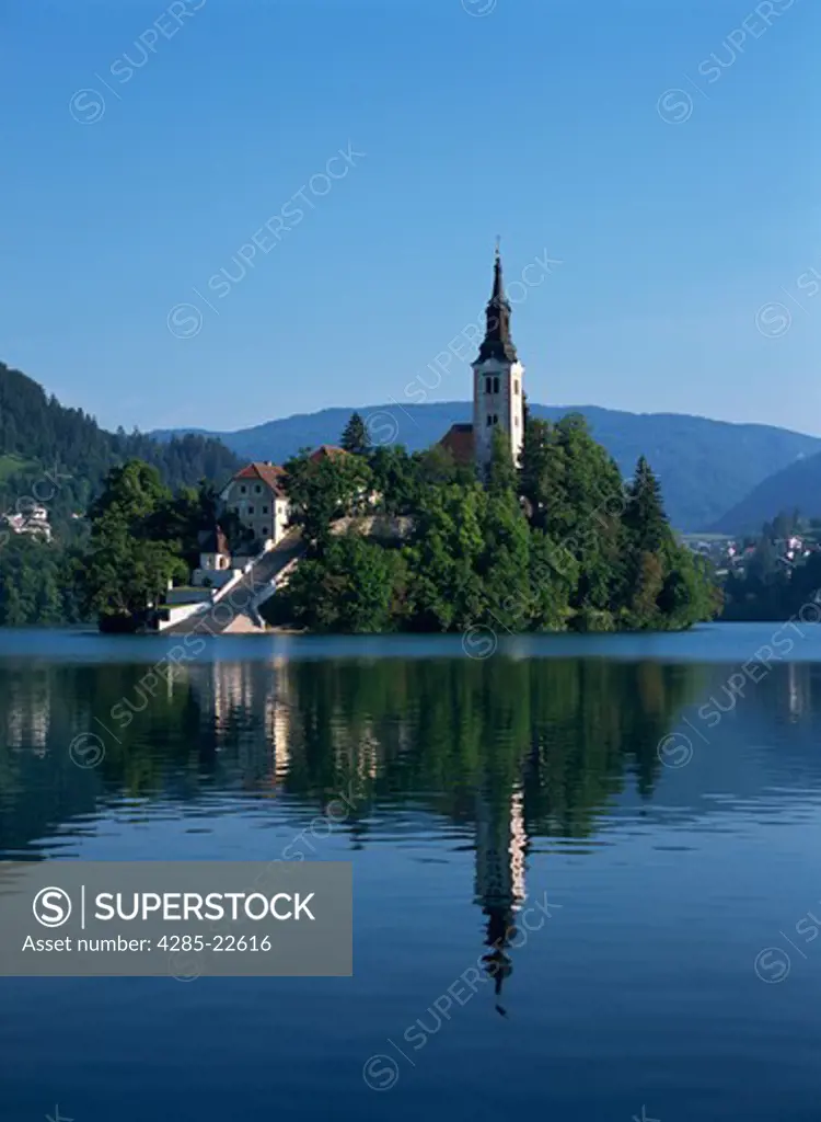 Slovenia, Bled, Bled Island (Blejski Otok), Lake Bled, Church of the Assumption