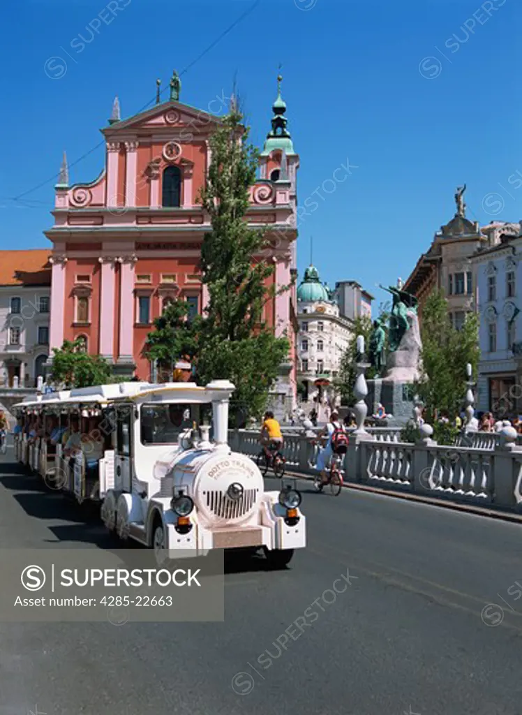 Slovenia, Ljubljana, Preseren Square, Tourist Train, Franciscan Church of the Annunciation