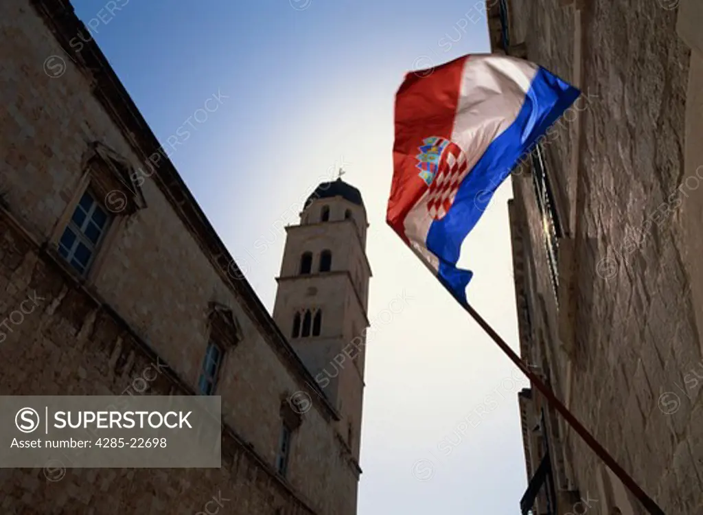 Croatia, Dubrovnik, Old Town, Placa, Croatian flag, Franciscan Monastery