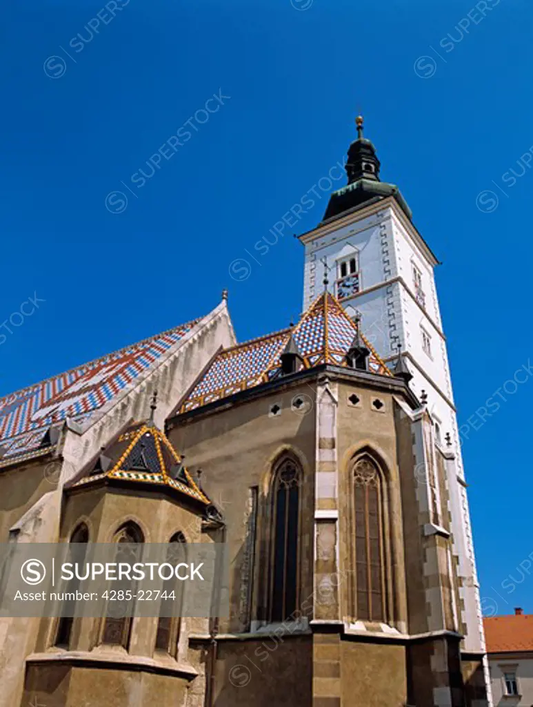 Croatia, Zagreb, Gradec, St.Marks Square, St Marks Church, Clock Tower