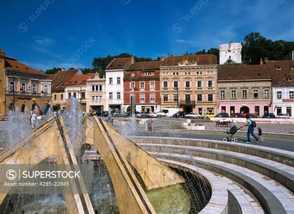 Romania,Transylvania, Brasov, Piata Sfatului, White Tower (Turnal Alb), Merchants Houses
