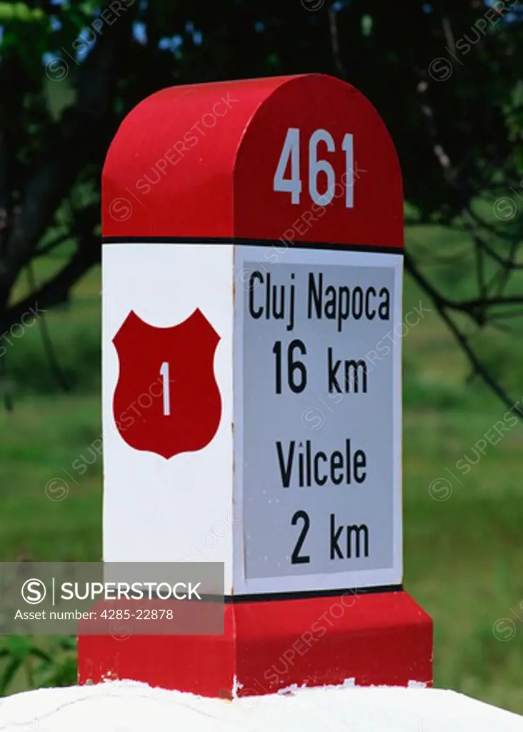 Romania, Northern Transylvania, Distance Marker on Road
