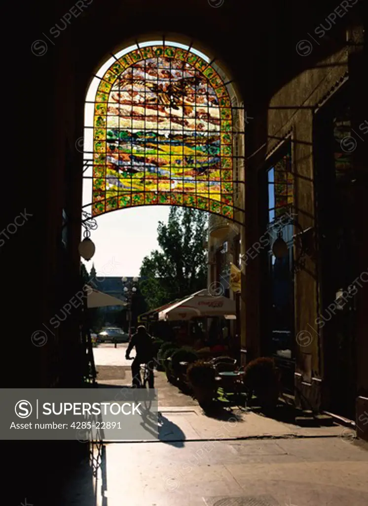 Romania, Crisana Region, Bihor County, Oradea, Piata Unirii, Vulturul Negru (Black Vulture), Stained Glass Window