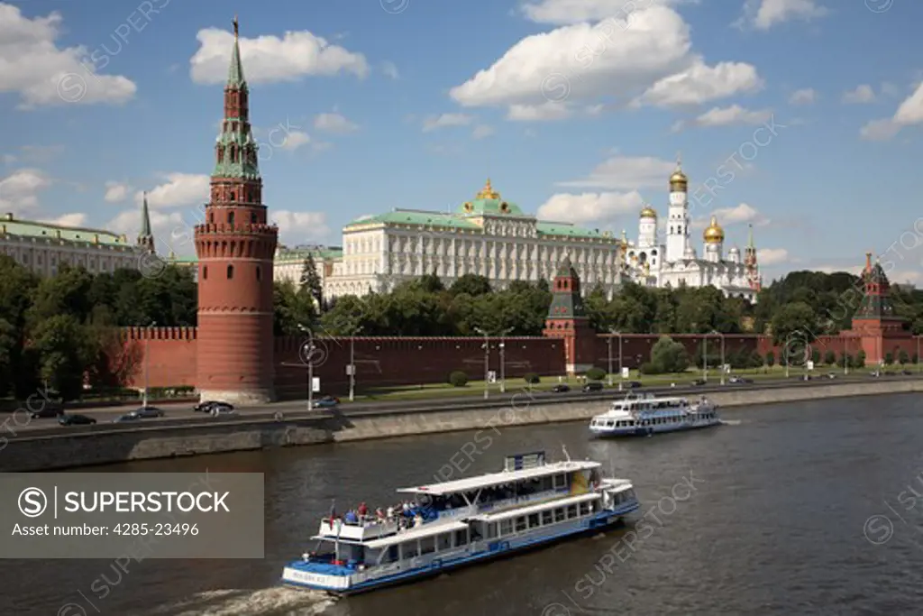 Russia, Moscow, The Kremlin, Moscow River, Tourist Boats