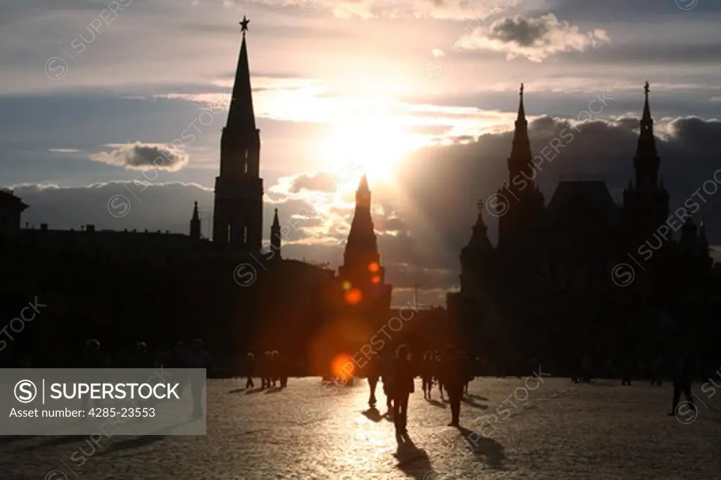 Russia, Moscow, Red Square, State History Museum, St Nicholas Tower, Sunset