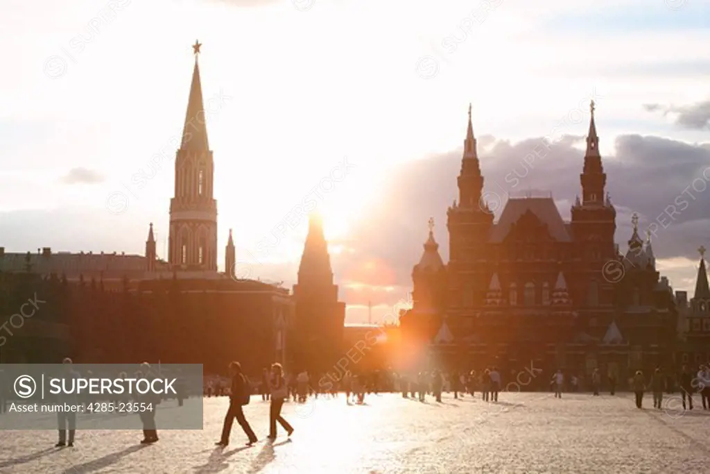 Russia, Moscow, Red Square, State History Museum, St Nicholas Tower Sunset