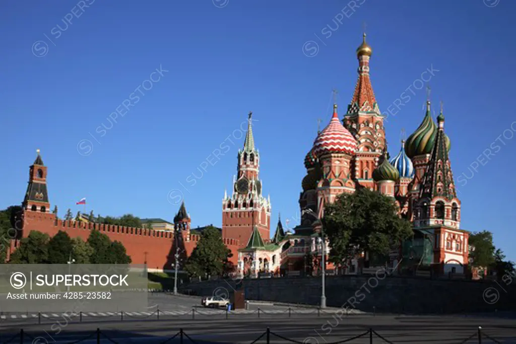 Russia, Moscow, Red Square, St Basils Cathedral, The Kremlin, Savior Tower