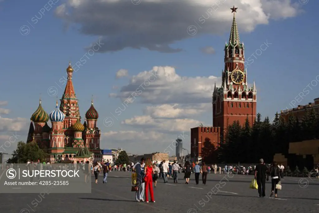 Russia, Moscow, Red Square, St Basils Cathedral, The Kremlin, Savior Tower