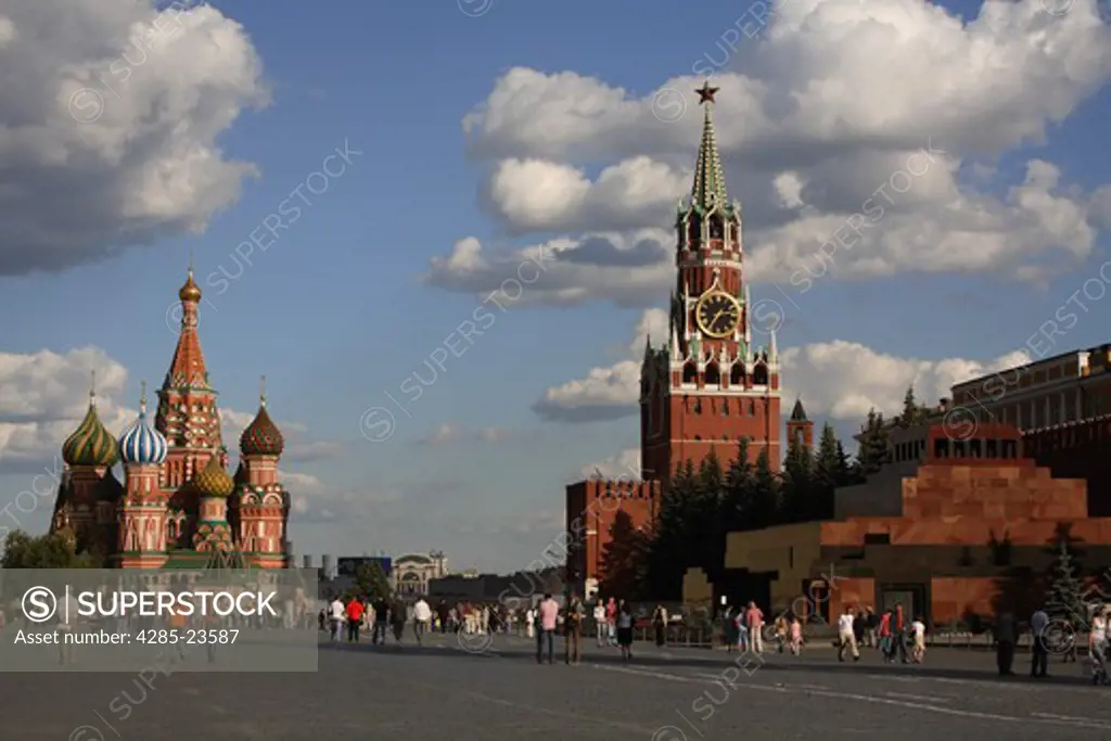 Russia, Moscow, Red Square, St Basils Cathedral, The Kremlin, Lenin Mausoleum, Savior Tower