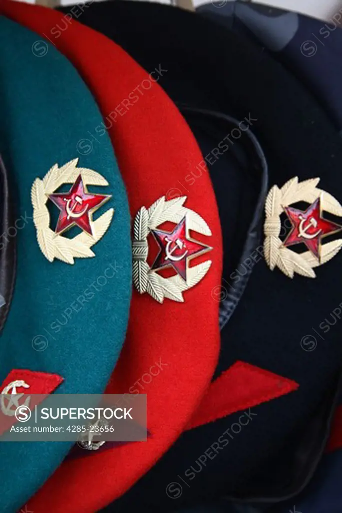 Russia, Moscow, Arbat Street, Russian Hats with Hammer and Sickle Badges