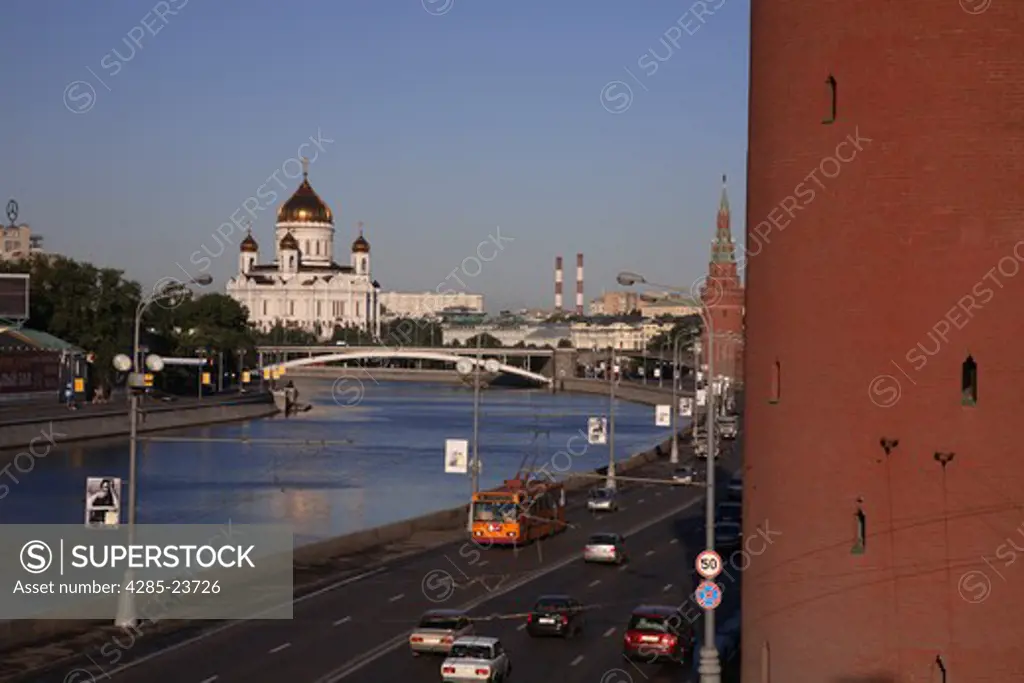 Russia. Moscow, Moscow River, Cathedral of Christ the Savior, Kremlin Wall