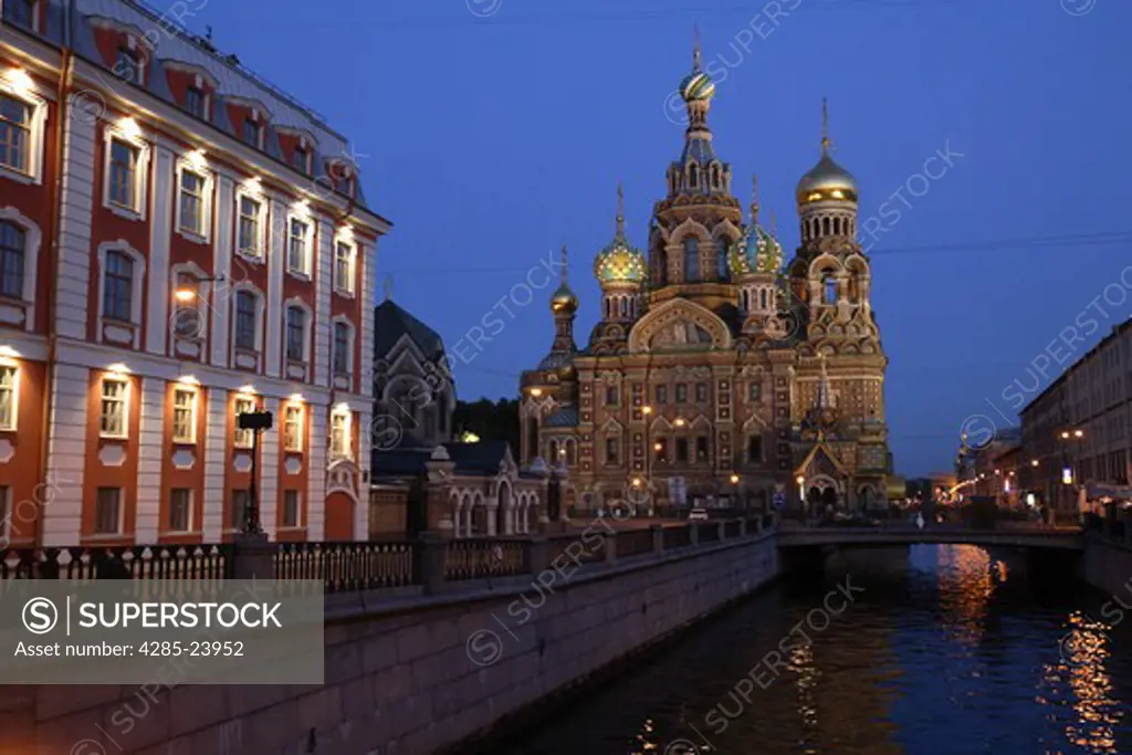 Russia, St Petersburg, Church of the Resurrection (Church on Spilled Blood), Griboedov Canal, Floodlit