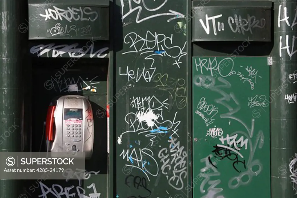 Italy, Lazio, Rome,  Telephone Box, Graffitti