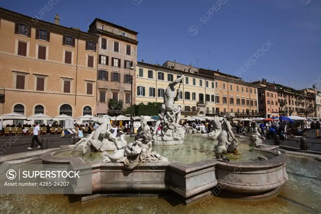 Italy, Lazio, Rome, Navona Square,  Piazza Navona, Neptune Fountain by Bernini