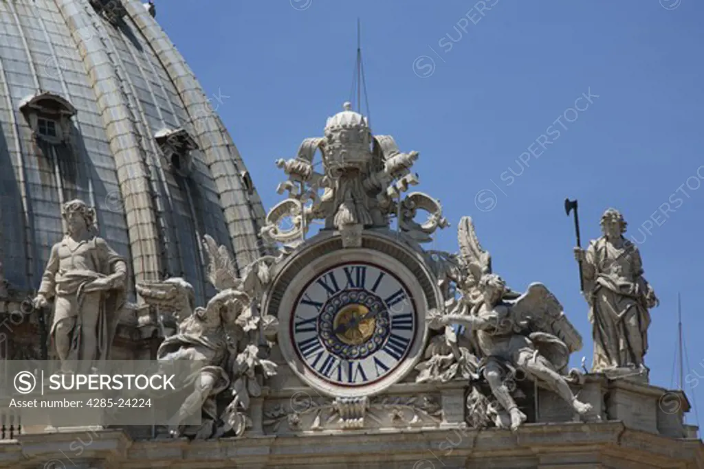 Italy, Lazio, Rome, Vatican City, St Peter's Square, St. Peters Basilica, Cathedral, Clock Detail,