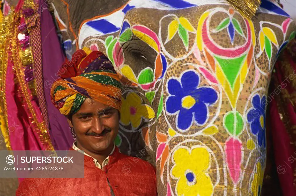 India, Jaipur, Rajasthani Man with Painted Elephant