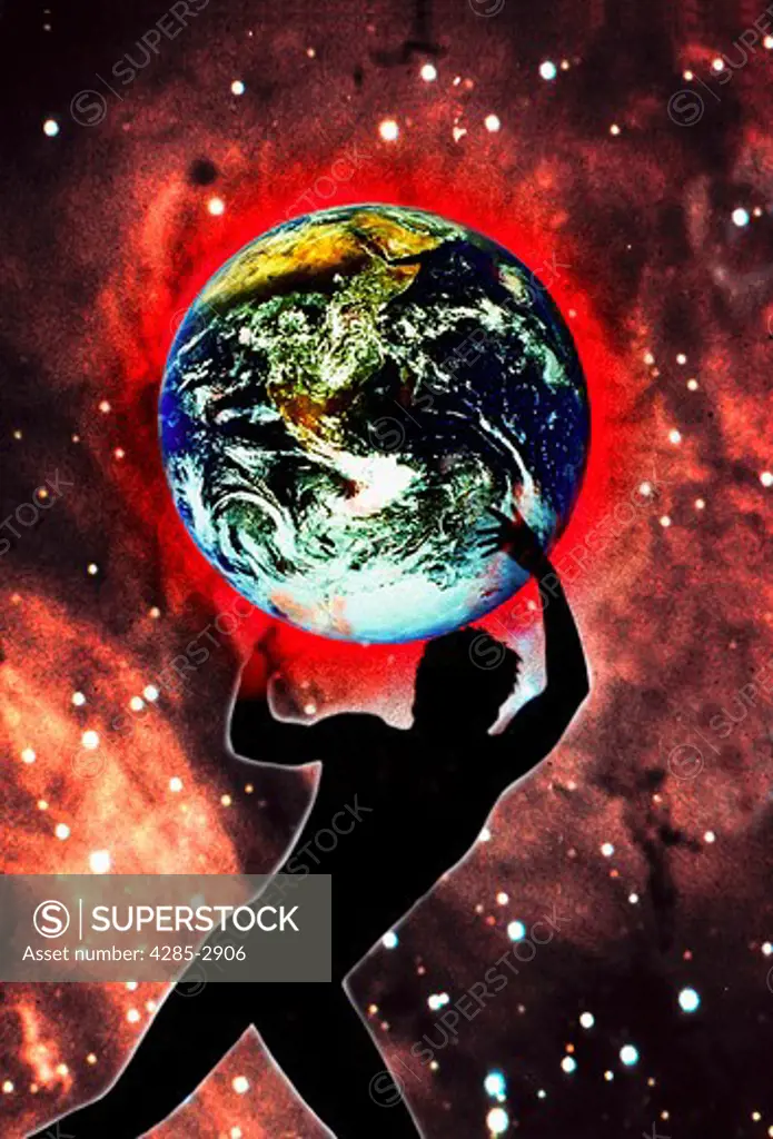 Computer generated image of a man holding planet Earth above his head in front of a celestial background. The globe appears to have a red glow emanating from it.