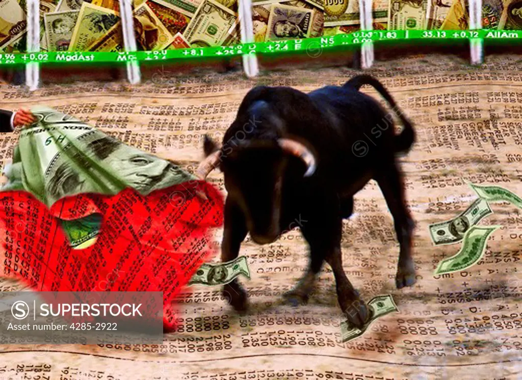 Computer generated image of a bull and matadors red cape. The walls of the arena have currency superimposed on them. The cape and floor of the arena have stock quotes superimposed on them. It appears as though money is flying out of the cape as the bull charges toward it.