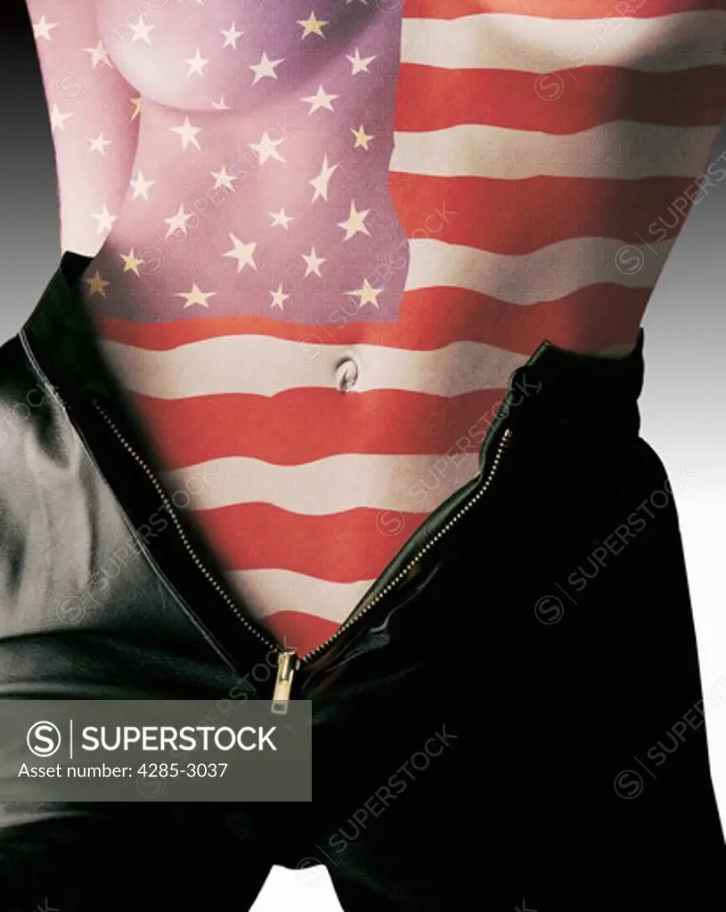 Girl naked torso and belly button, with American flag superimposed, wearing black leather shorts, zippered down.