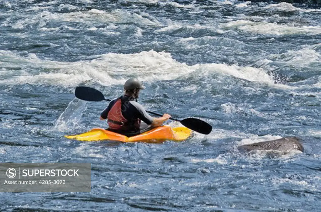 Man rowing in yellow kayak on river rapids (in Lake George, NY region).