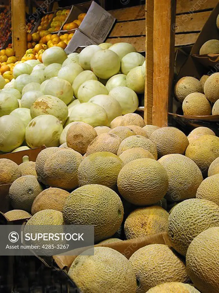 Close-up of cantaloupes in foreground, honeydew cantaloupes in middle ground and oranges in background.