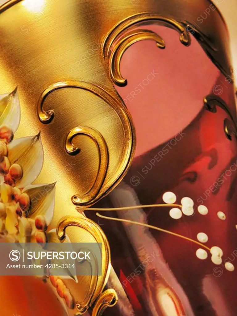 Close-up of Venetian Murano hand blown glass with gold adornments. (1)