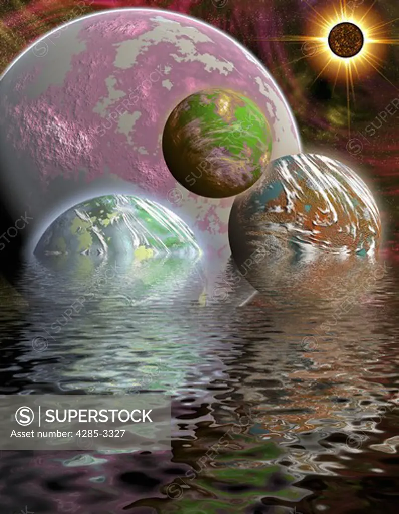 Surreal scene of colorful planets floating and half-submerged in ocean water with cosmos stars and sun eclipse in background.