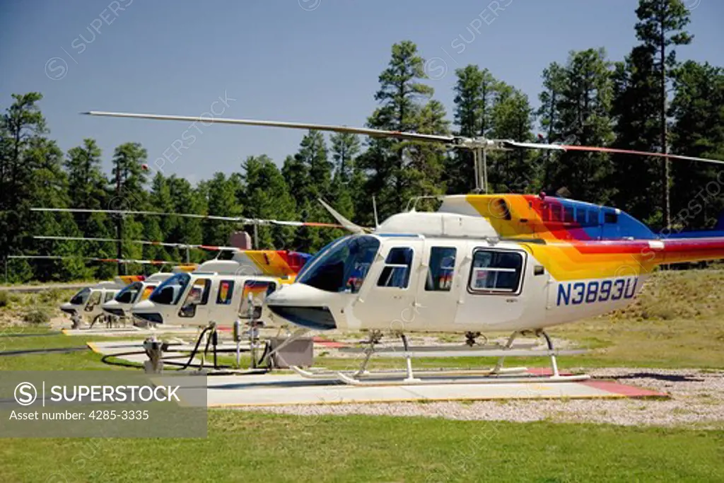 Four colorful helicopters parked in a row on cement tarmac, with pine trees and blue sky in background.