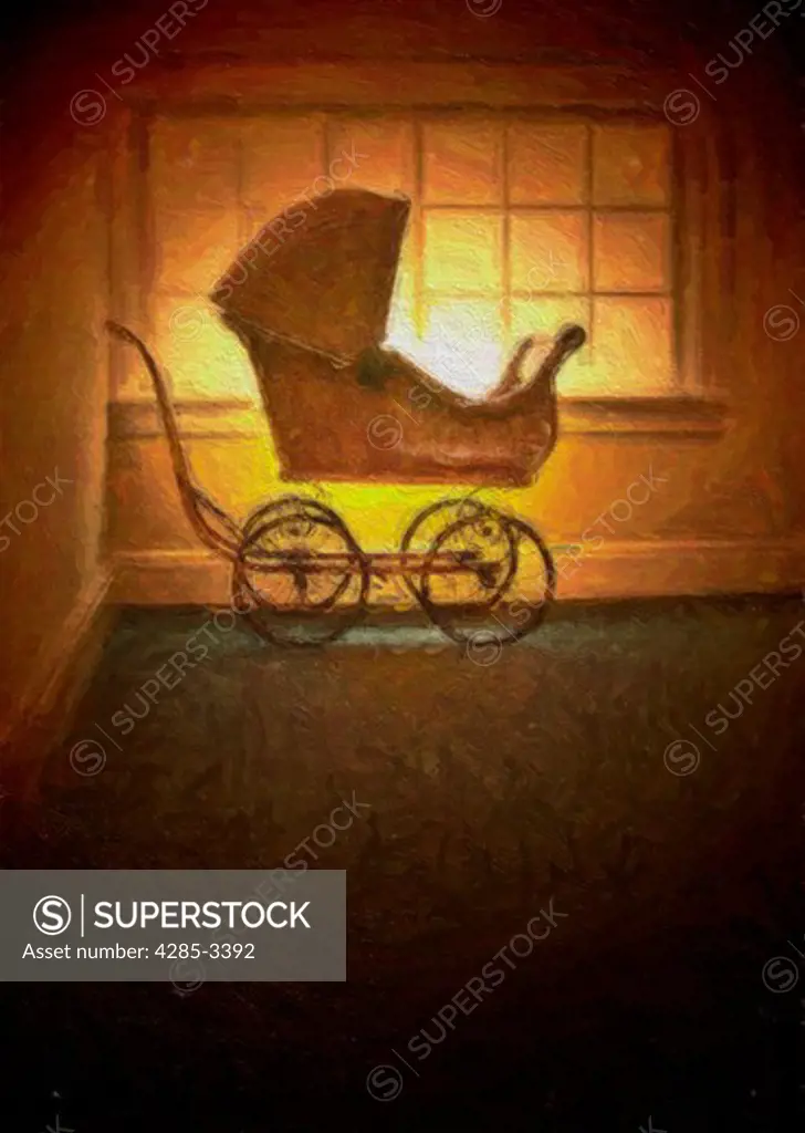 Baby carriage in moody, silhouette lighting next to a large window in a room. Artistic painting effect.