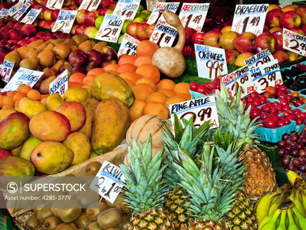 fruit and vegetable stand-store with many price signs - horizontal