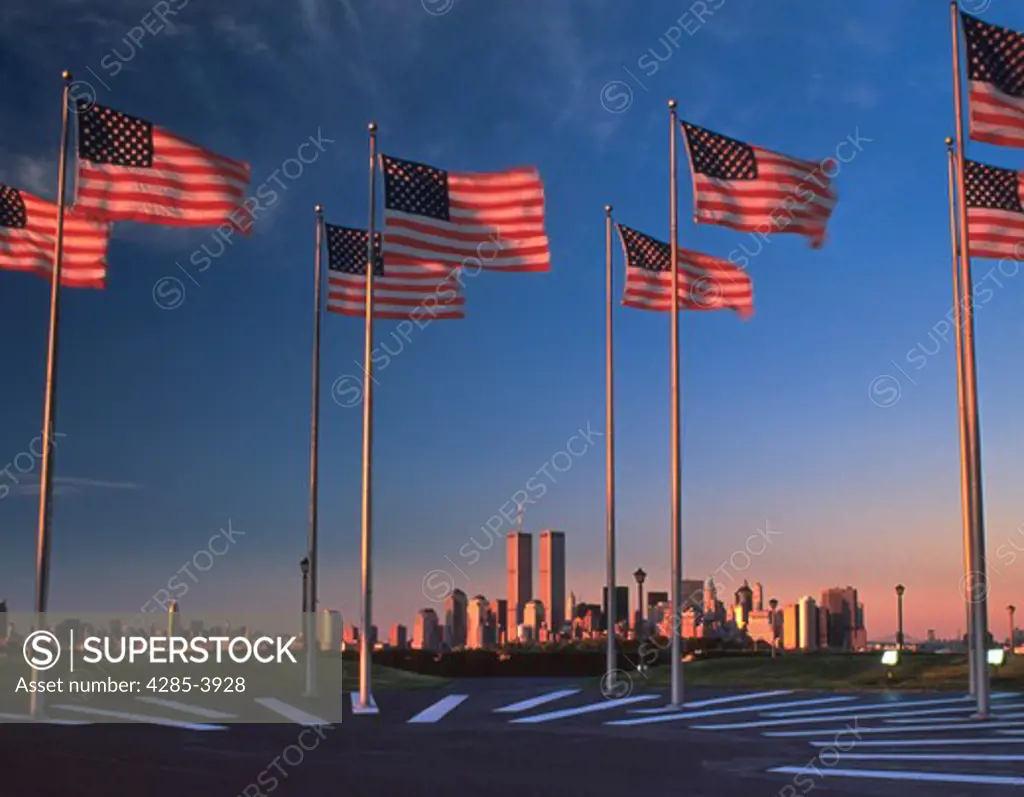 American flags, New York City background