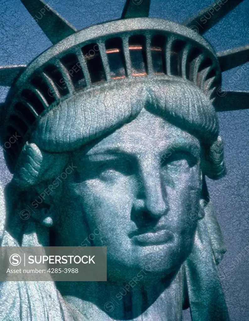 Close-up of the face of the Statue of Liberty.