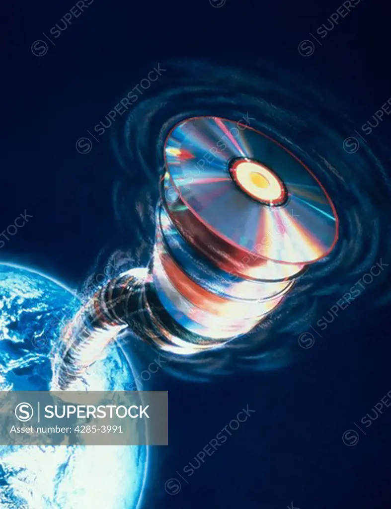 Tornado of CD-ROM discs extending from the earth in space.