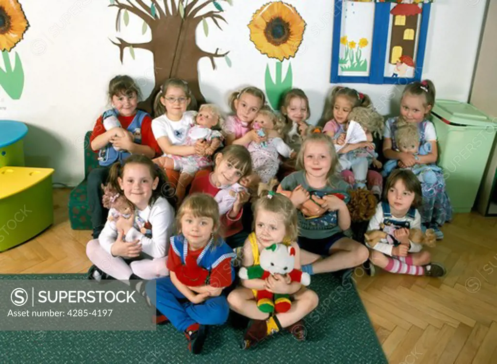 nursery school, girls with dolls, sitting, kindergarten,   MR9023-34