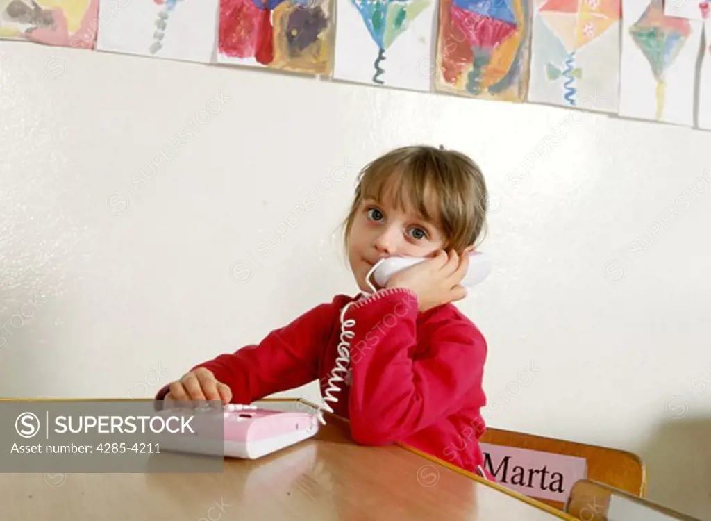 nursery school, girl on phone, kindergarten,  MR9034