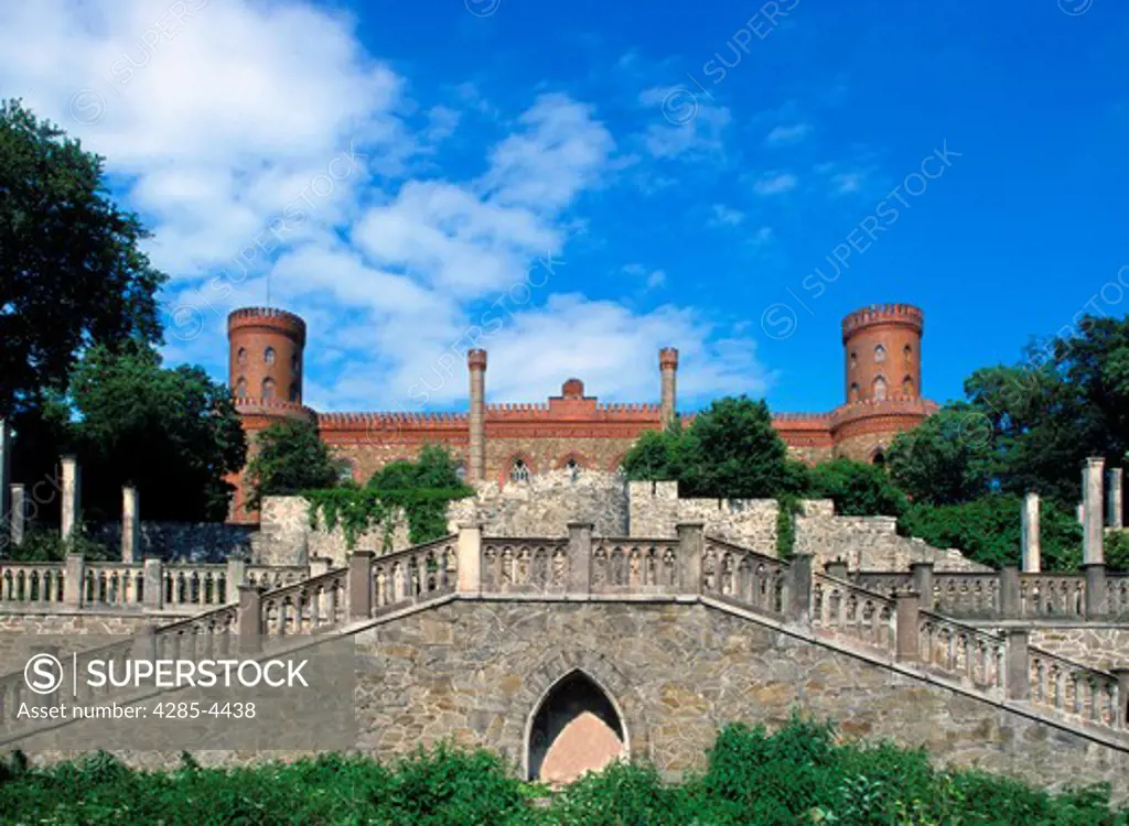 Kamieniec Zabkowicki Castle, Poland,   It belongs to a group of the most ostentatious romantic residences in Europe, The building was started in 1872 and completed under the guidance of Ferdynand Martius in 1872,  Sited on a hill, the castle received neo-Gothic appearance,  Original idea, new architectural design and technology as well as lavish finishing made it one of the most magnificent residence of that time in Europe, Devastated and ruined by the Red Army after 1945, the castle fell into a