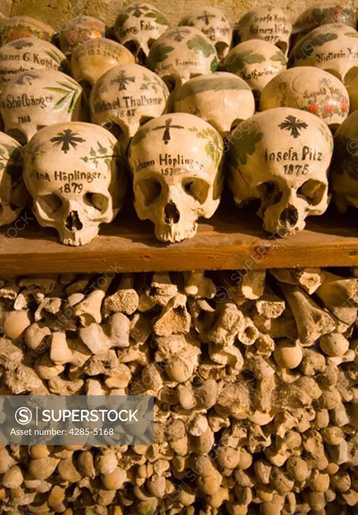Painted sculls in the Charnel House of Hallstatt Austria