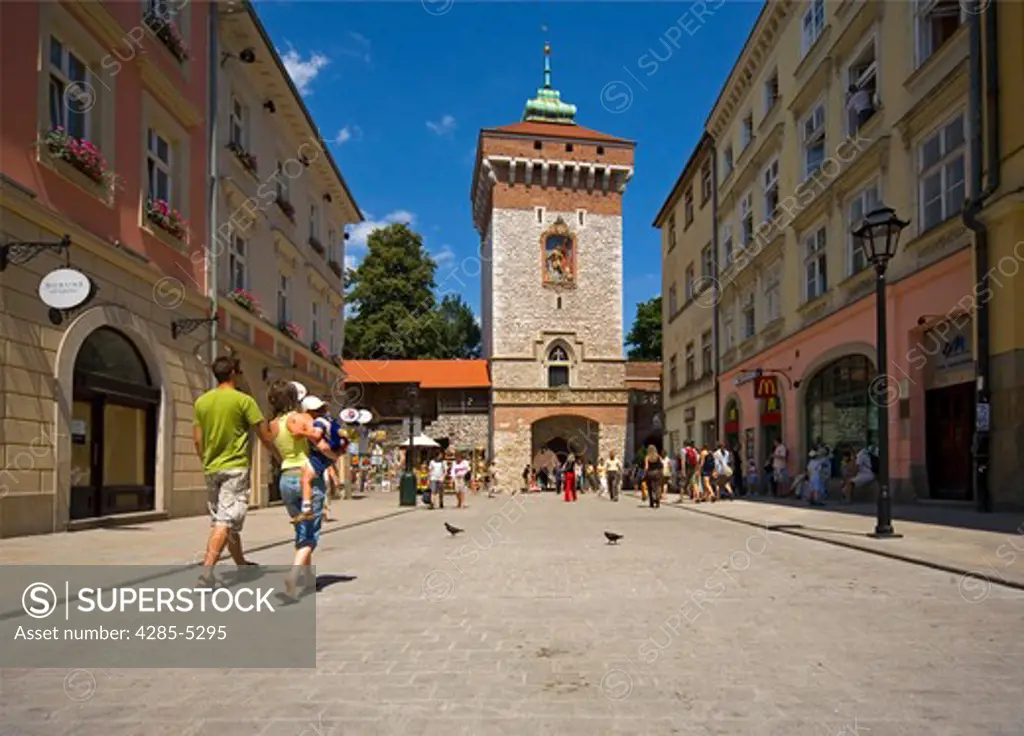Poland, Krakow, Florianska street with Florian's Gate