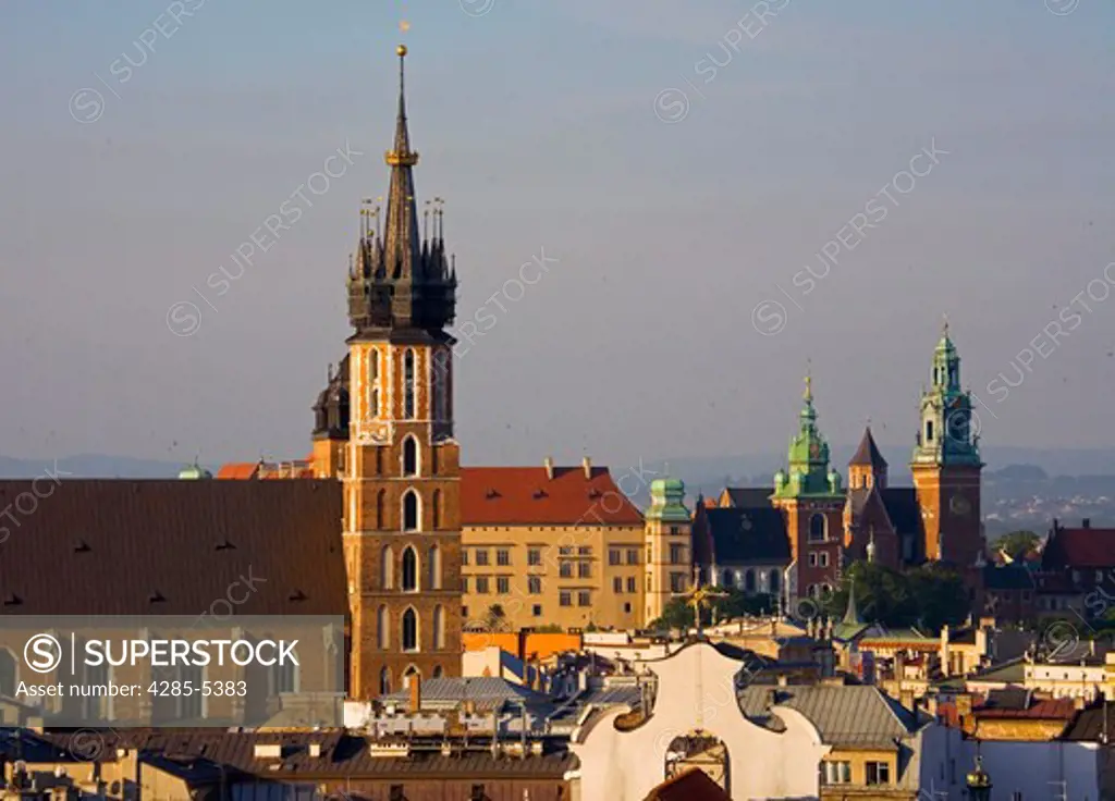 Poland Krakow St Mary's Church and Wawel Hill from high