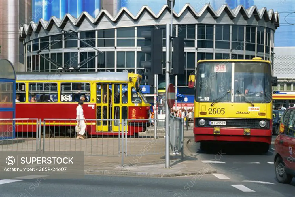 Trams, Bank Polski, Central Warsaw, Warsaw, Poland.