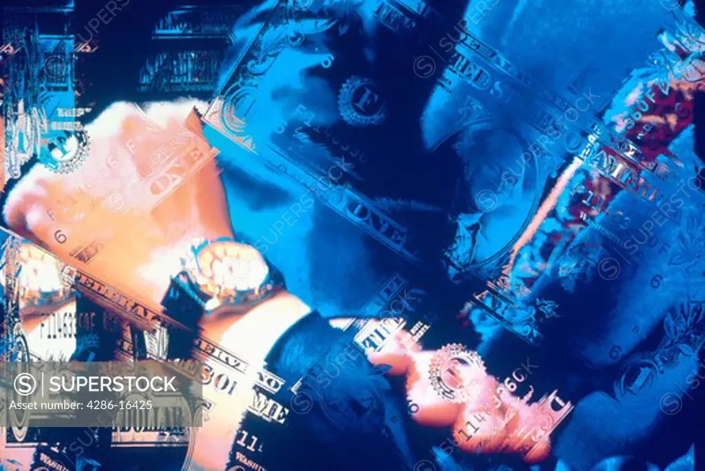 Computer generated montage of money superimposed over an image of a man checking his watch on his wrist.