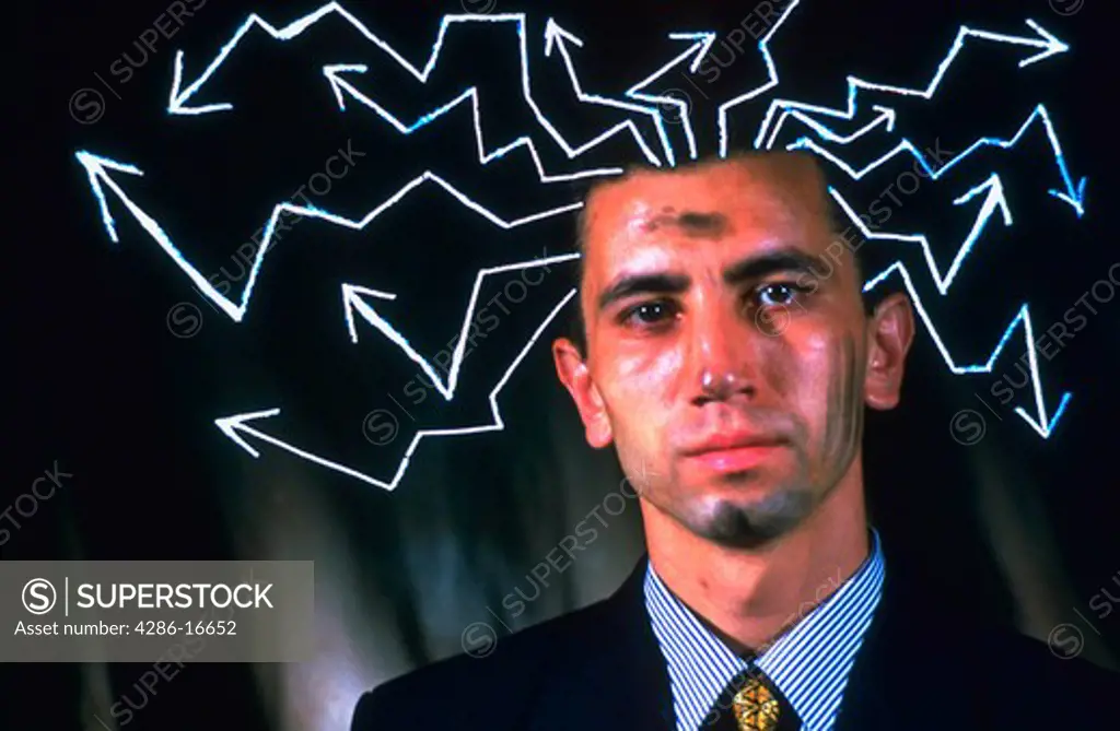 Portrait of a businessman with black smudges on his face and white arrows appearing to come out of his head.