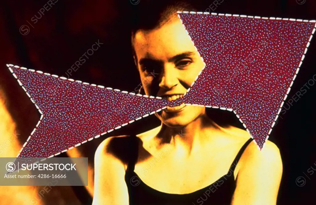 Computer generated illustration of a woman appearing to be biting down on an arrow.