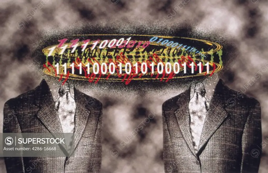 Computer generated image of two business people communicating through digital means with their heads obscured by a swirl of binary number combinations.